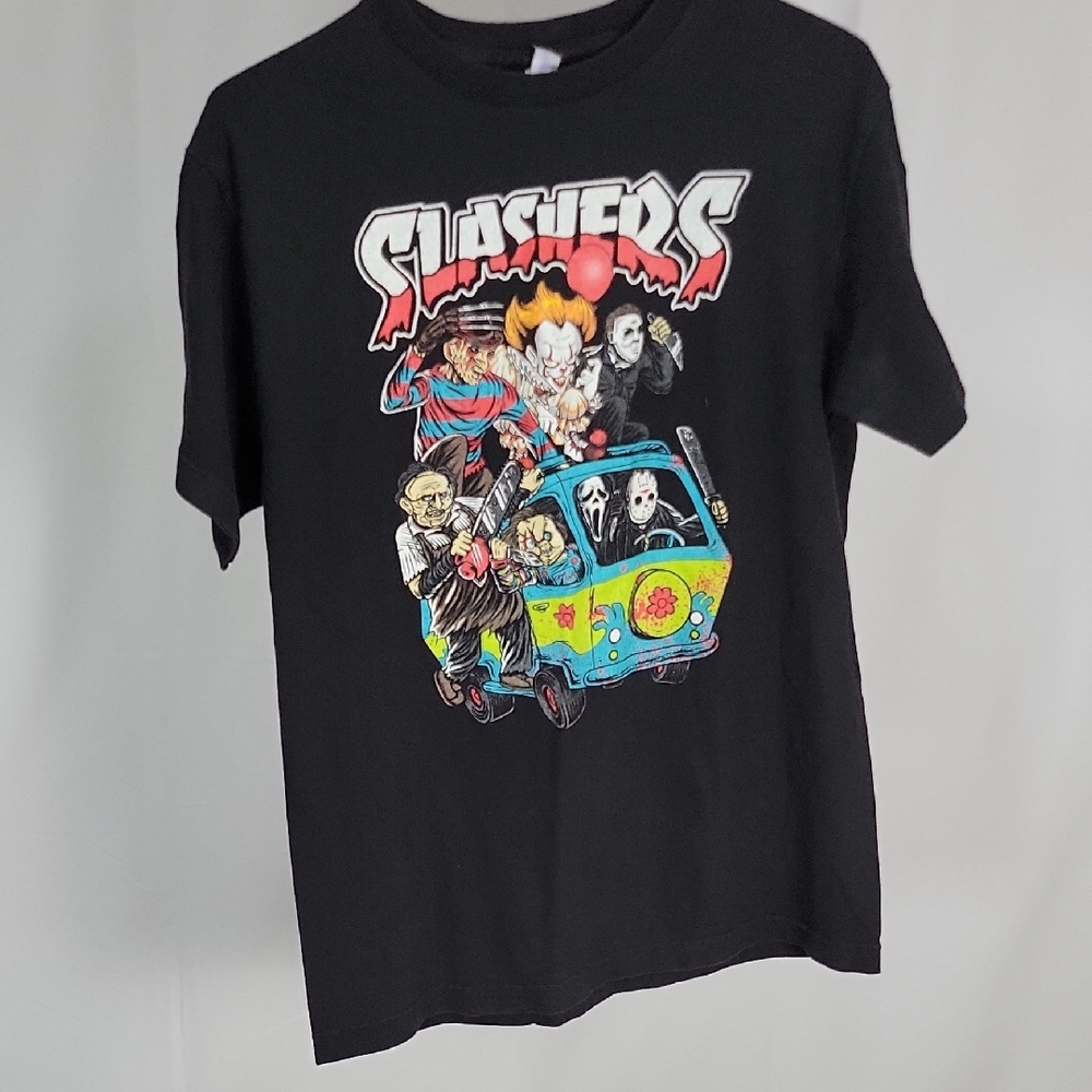 Black Graphic T-Shirt with Horror Characters